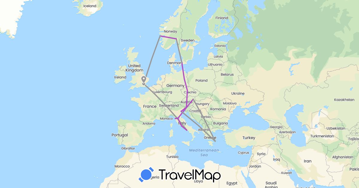TravelMap itinerary: driving, plane, train in Austria, Czech Republic, Germany, Denmark, United Kingdom, Greece, Italy, Norway, Slovenia (Europe)