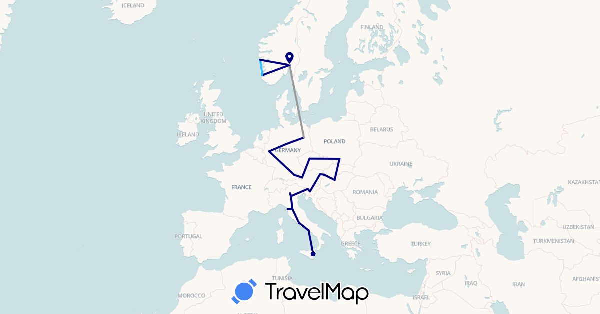 TravelMap itinerary: driving, plane, boat in Austria, Czech Republic, Germany, Hungary, Italy, Norway, Poland, Slovenia, Slovakia (Europe)